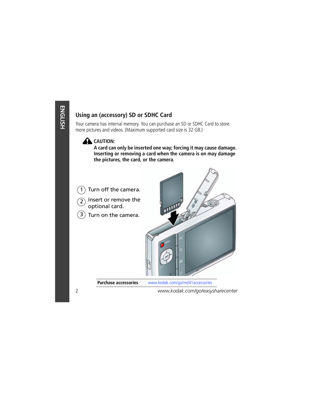 Kodak MD41 manual Using an accessory SD or Sdhc Card 