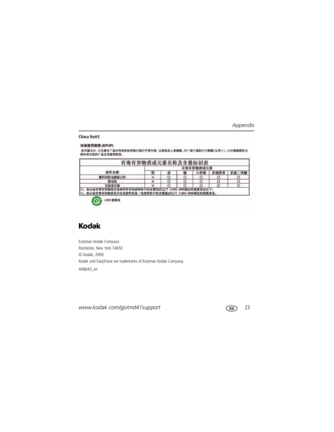 Kodak MD41 manual China RoHS 