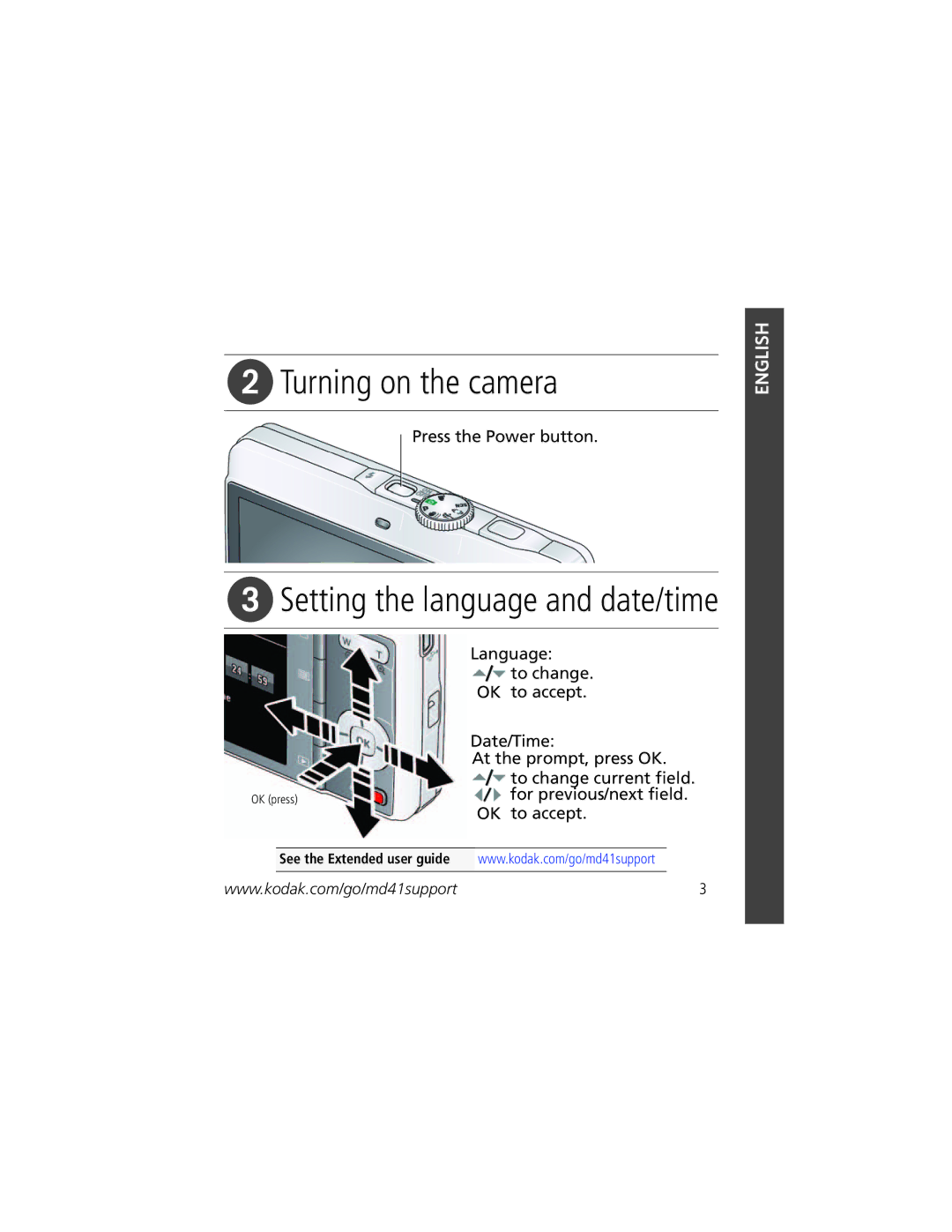 Kodak MD41 manual Turning on the camera, Setting the language and date/time 