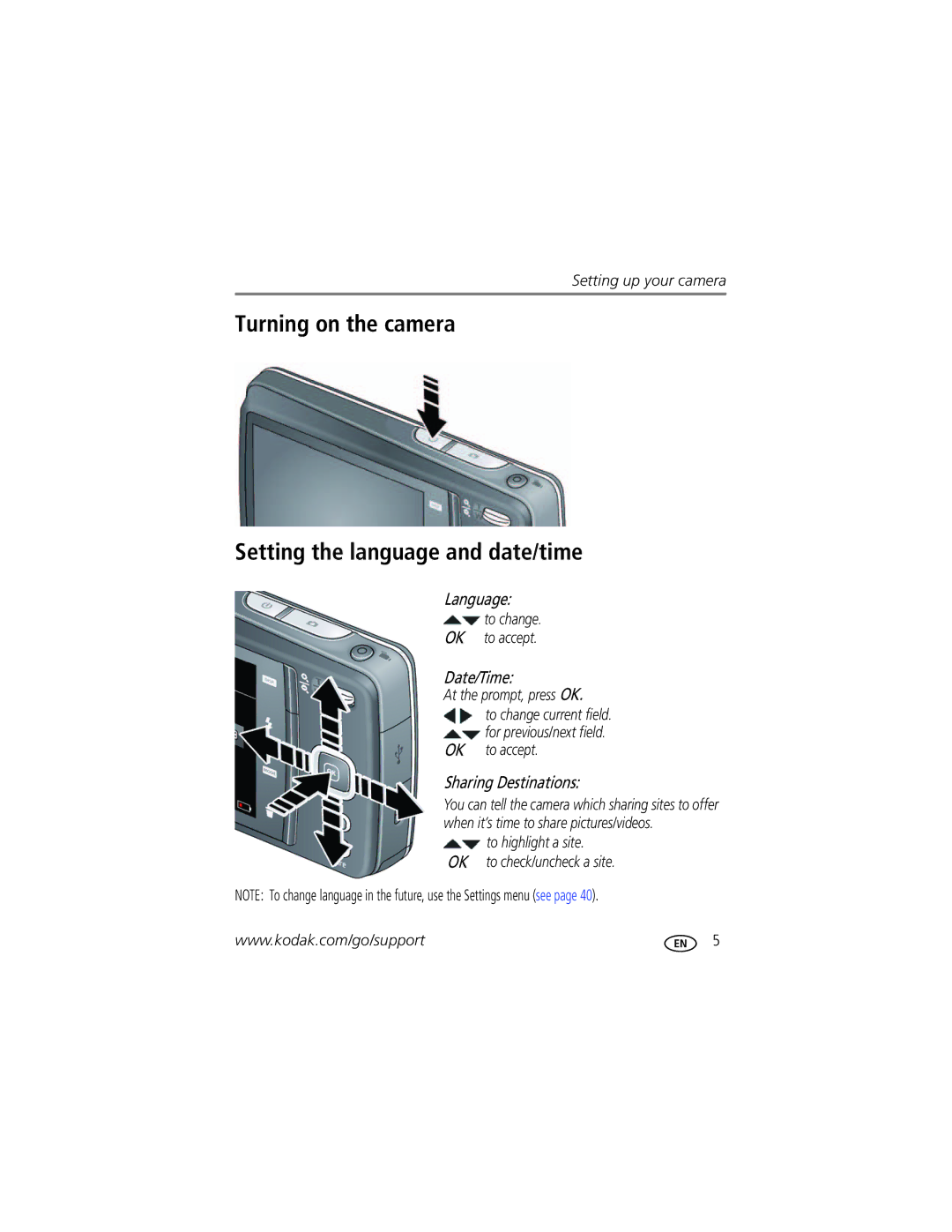Kodak MD55 manual Turning on the camera Setting the language and date/time, To change OK to accept, At the prompt, press OK 