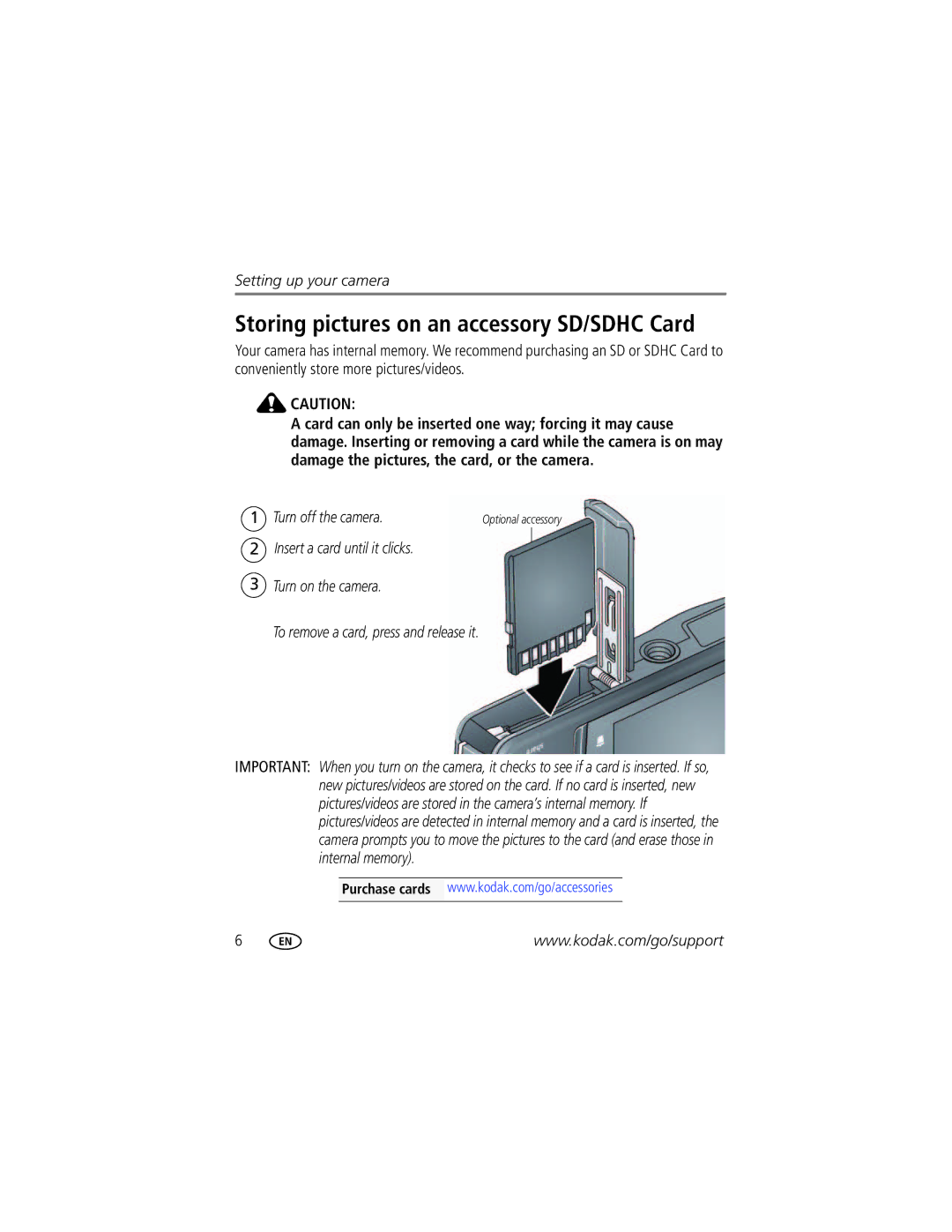 Kodak MD55 manual Storing pictures on an accessory SD/SDHC Card 