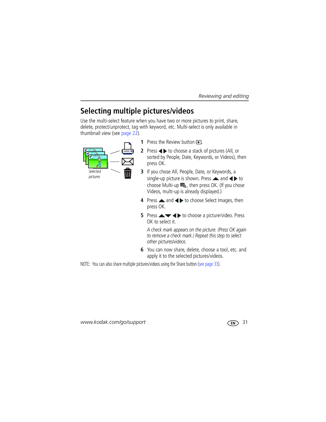 Kodak MD55 manual Selecting multiple pictures/videos 