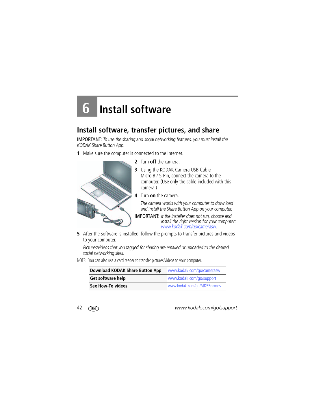 Kodak MD55 manual Install software, transfer pictures, and share 