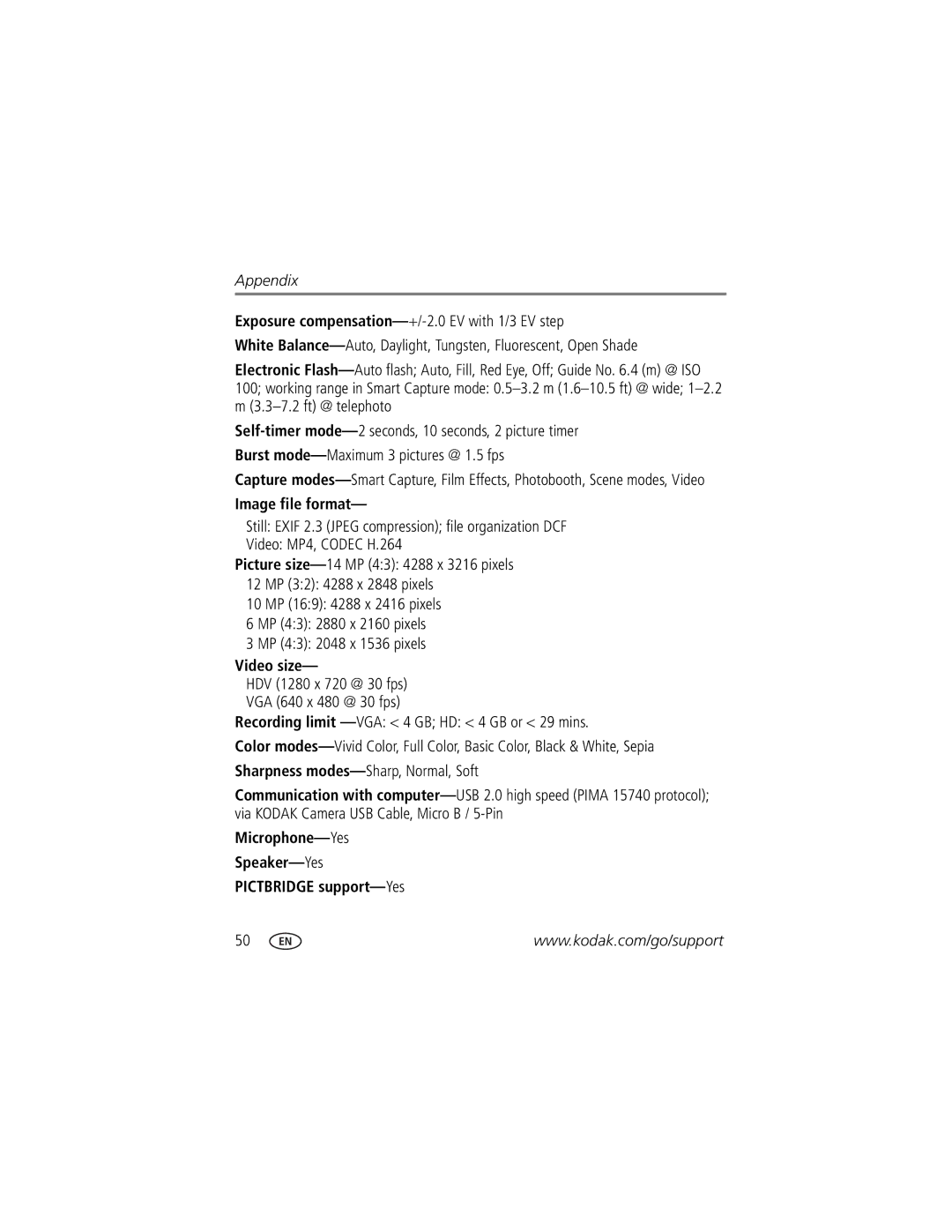 Kodak MD55 manual Image file format, Video size 