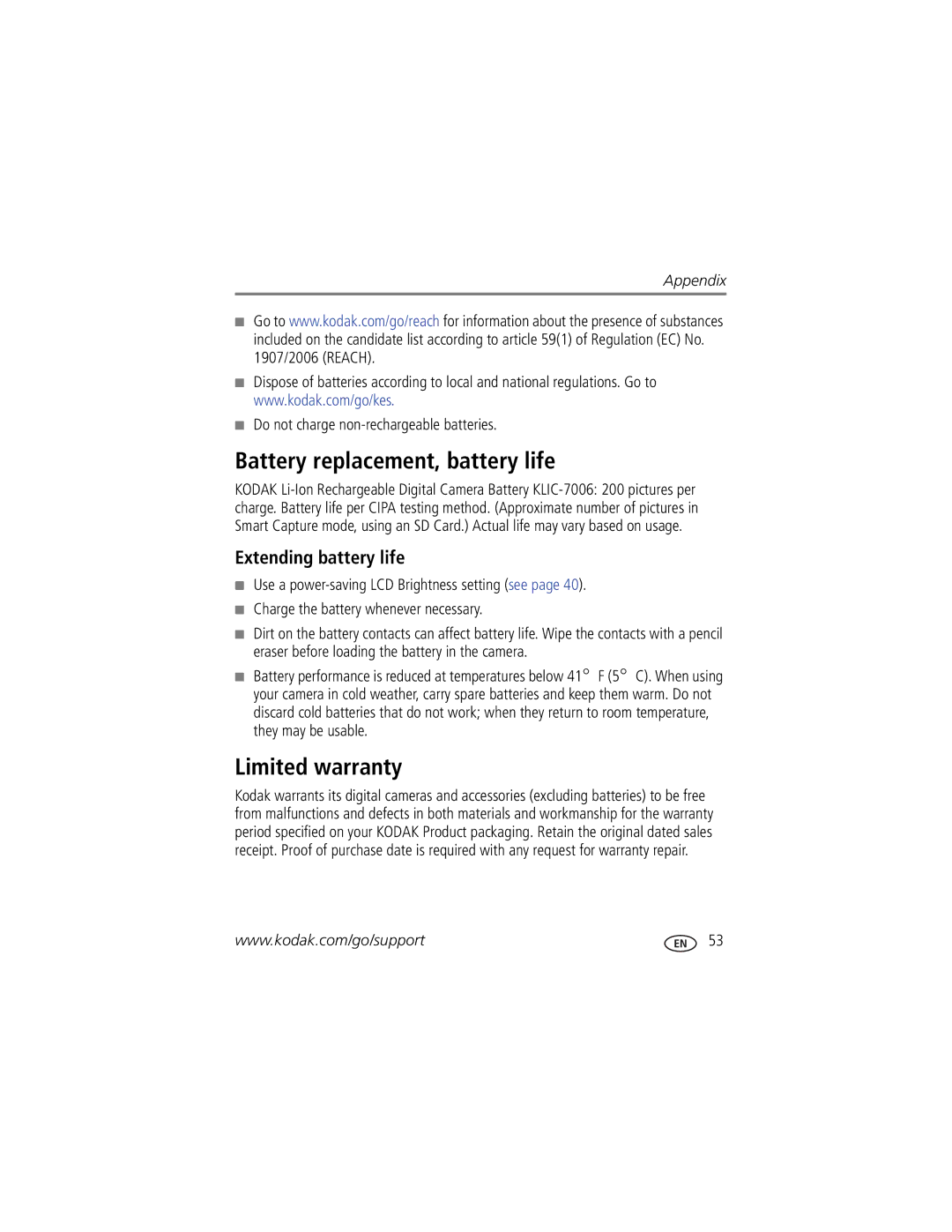 Kodak MD55 manual Battery replacement, battery life, Limited warranty, Extending battery life 