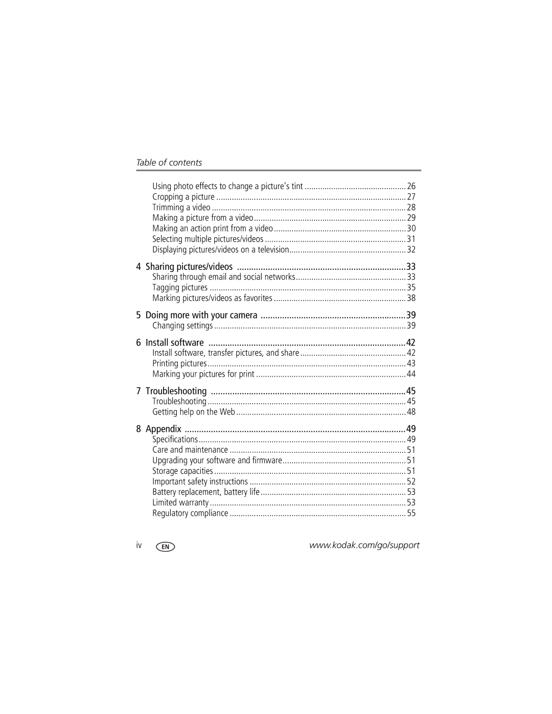 Kodak MD55 manual Table of contents 