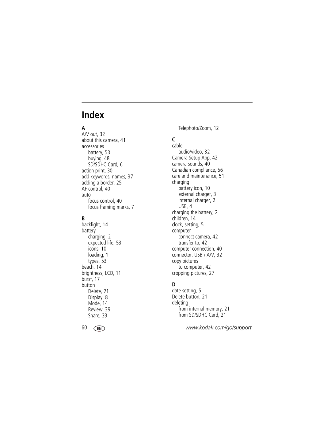 Kodak MD55 manual Index 