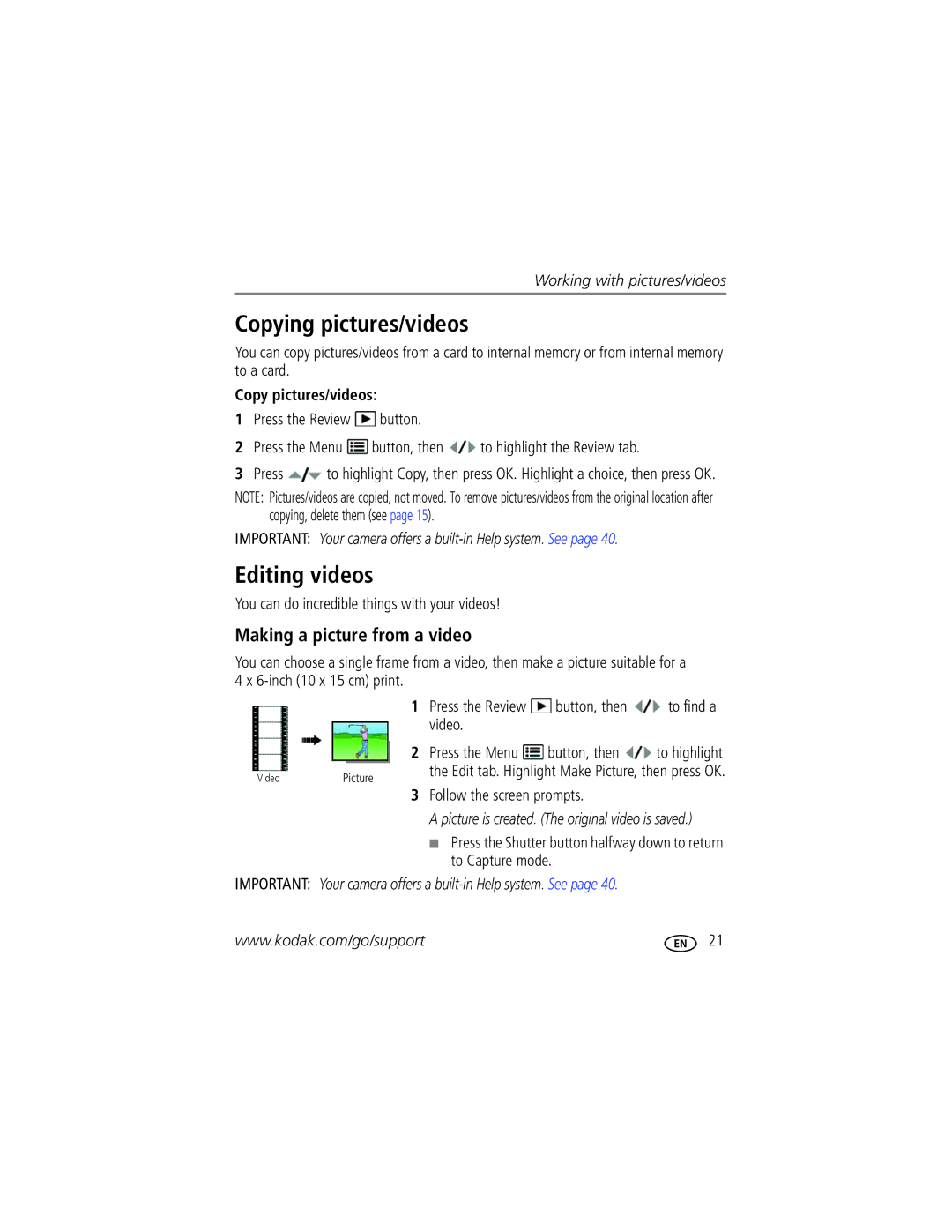 Kodak MD81 manual Copying pictures/videos, Editing videos, Making a picture from a video, Copy pictures/videos 