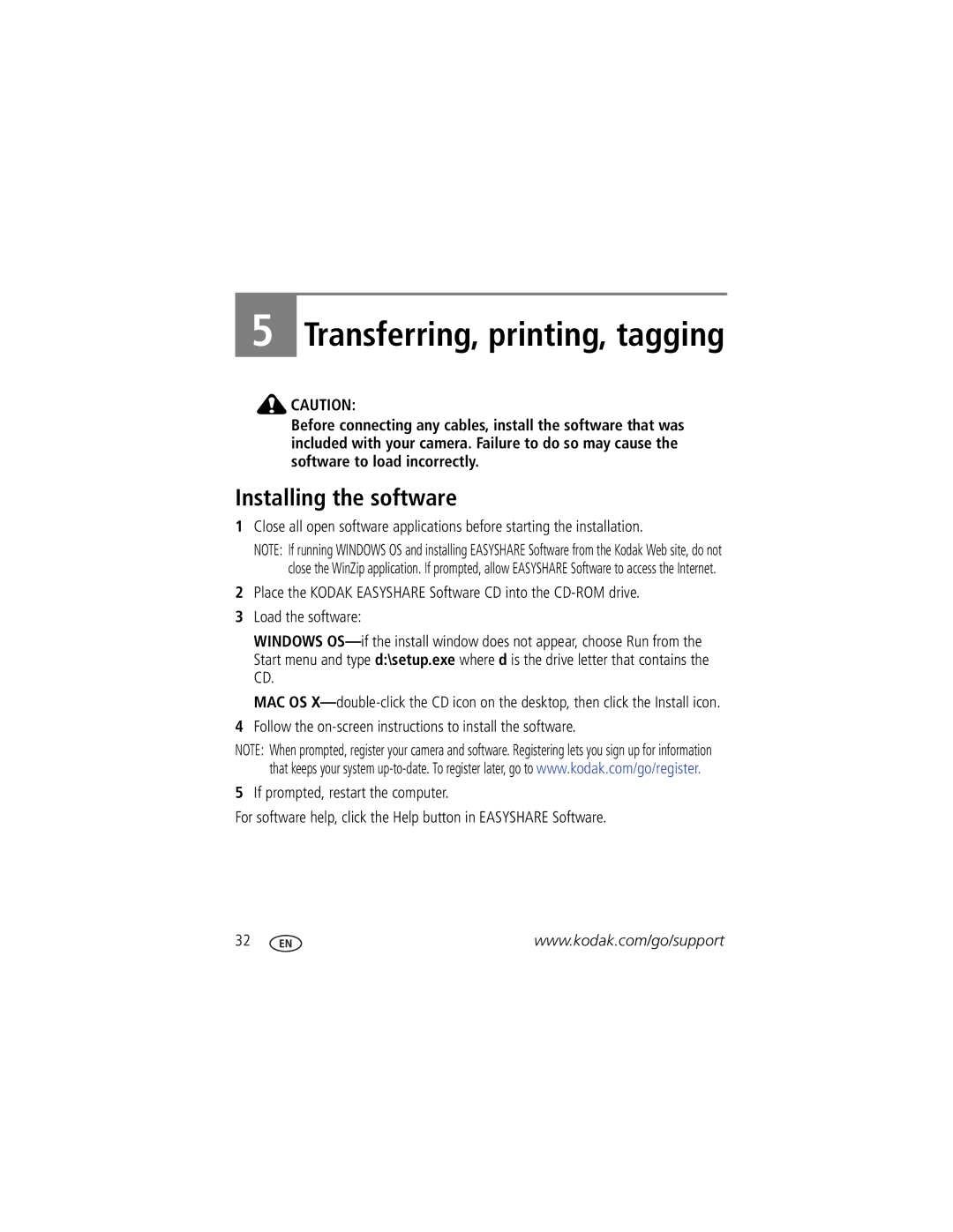 Kodak MD81 manual Transferring, printing, tagging, Installing the software 