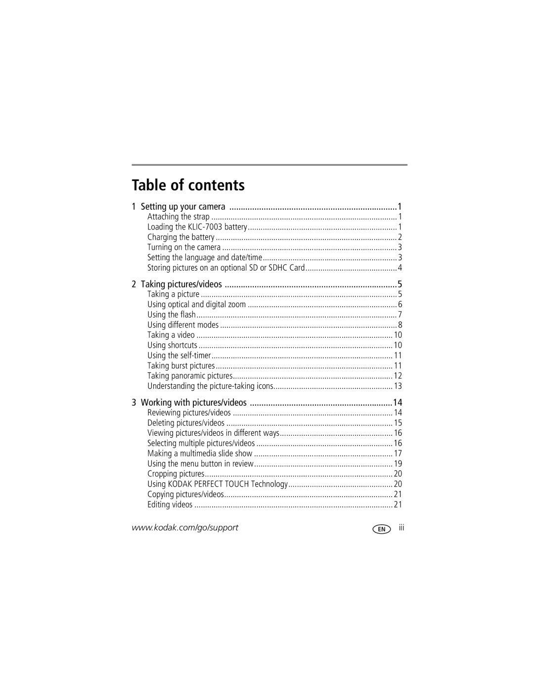 Kodak MD81 manual Table of contents 