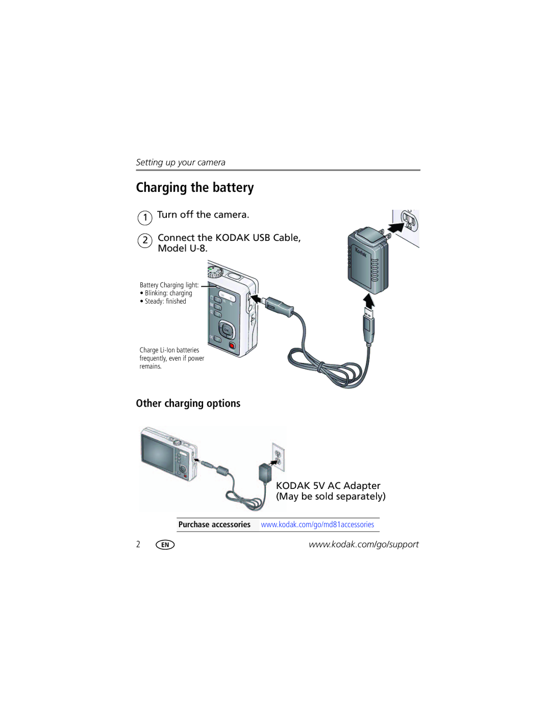 Kodak MD81 manual Charging the battery, Other charging options, Turn off the camera Connect the Kodak USB Cable, Model U-8 