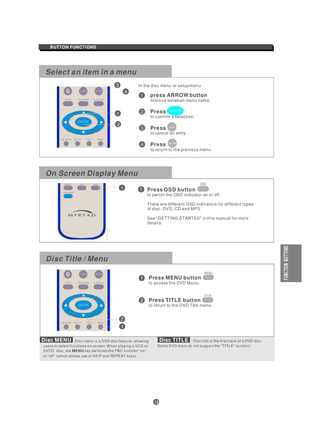 Kodak MDV 300 owner manual Select an item in a menu, On Screen Display Menu, Disc Title / Menu 