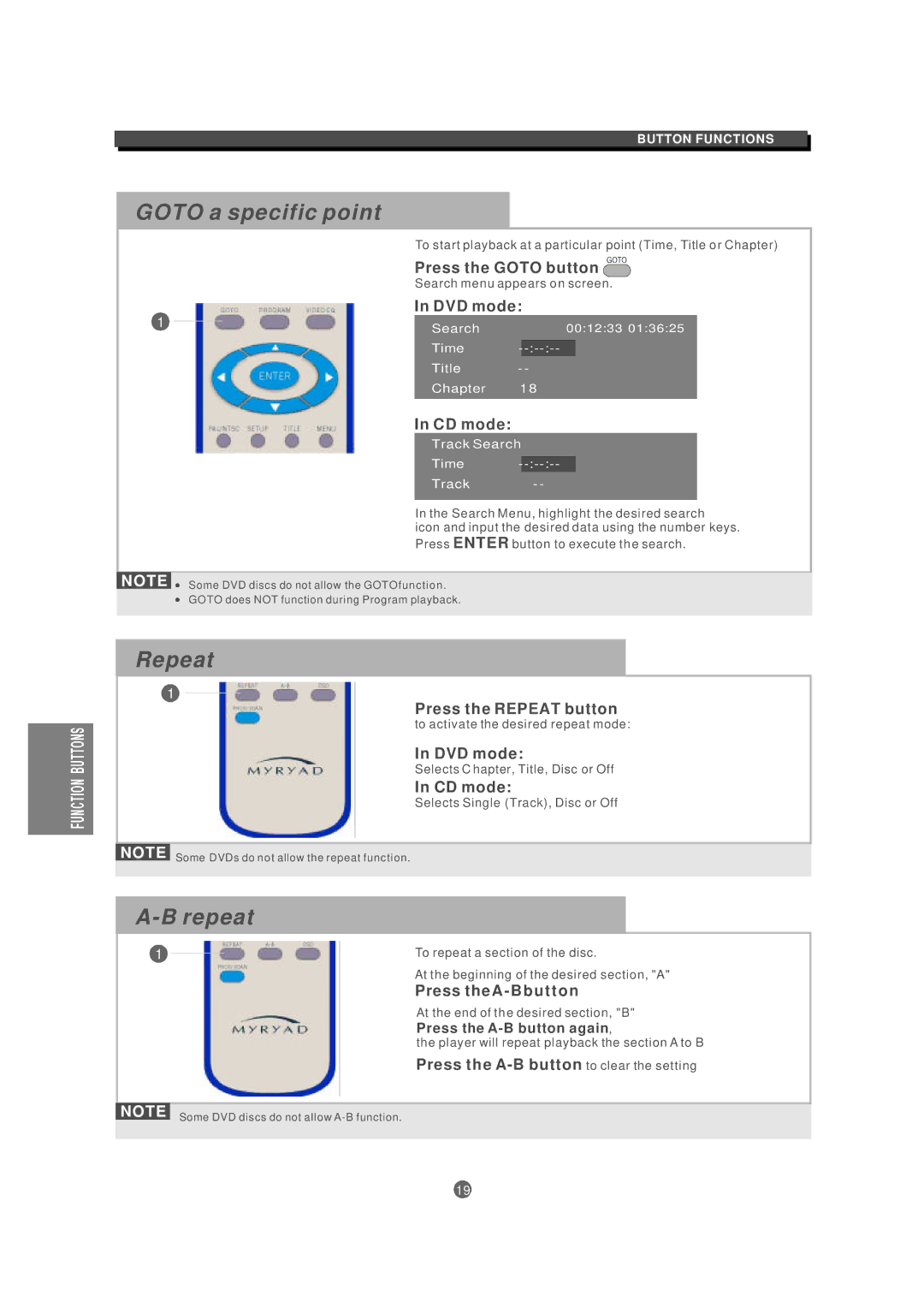 Kodak MDV 300 owner manual Goto a specific point, Repeat, Press the Goto button, DVD mode, CD mode 