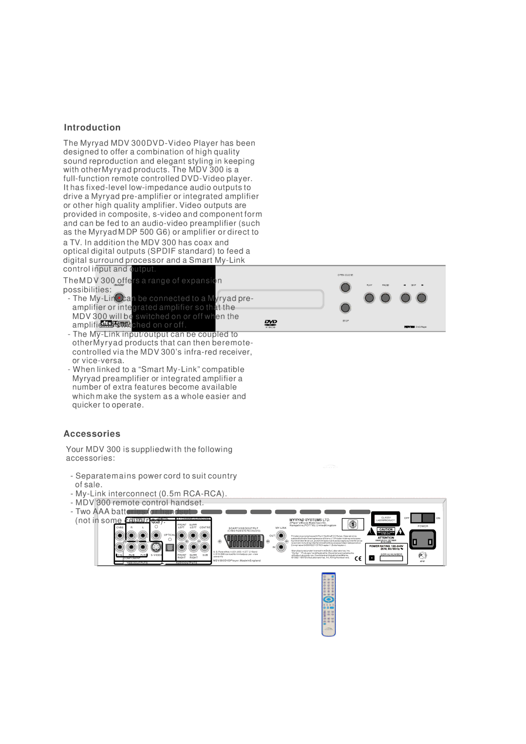 Kodak MDV 300 owner manual About the player, Front panel, Rear panel 