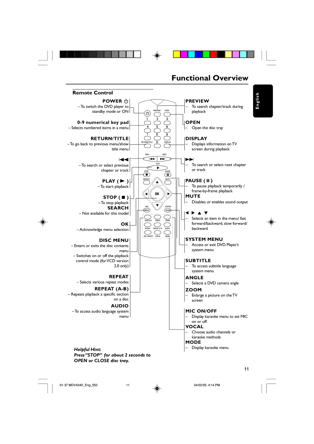 Kodak MDV434K manual Remote Control 