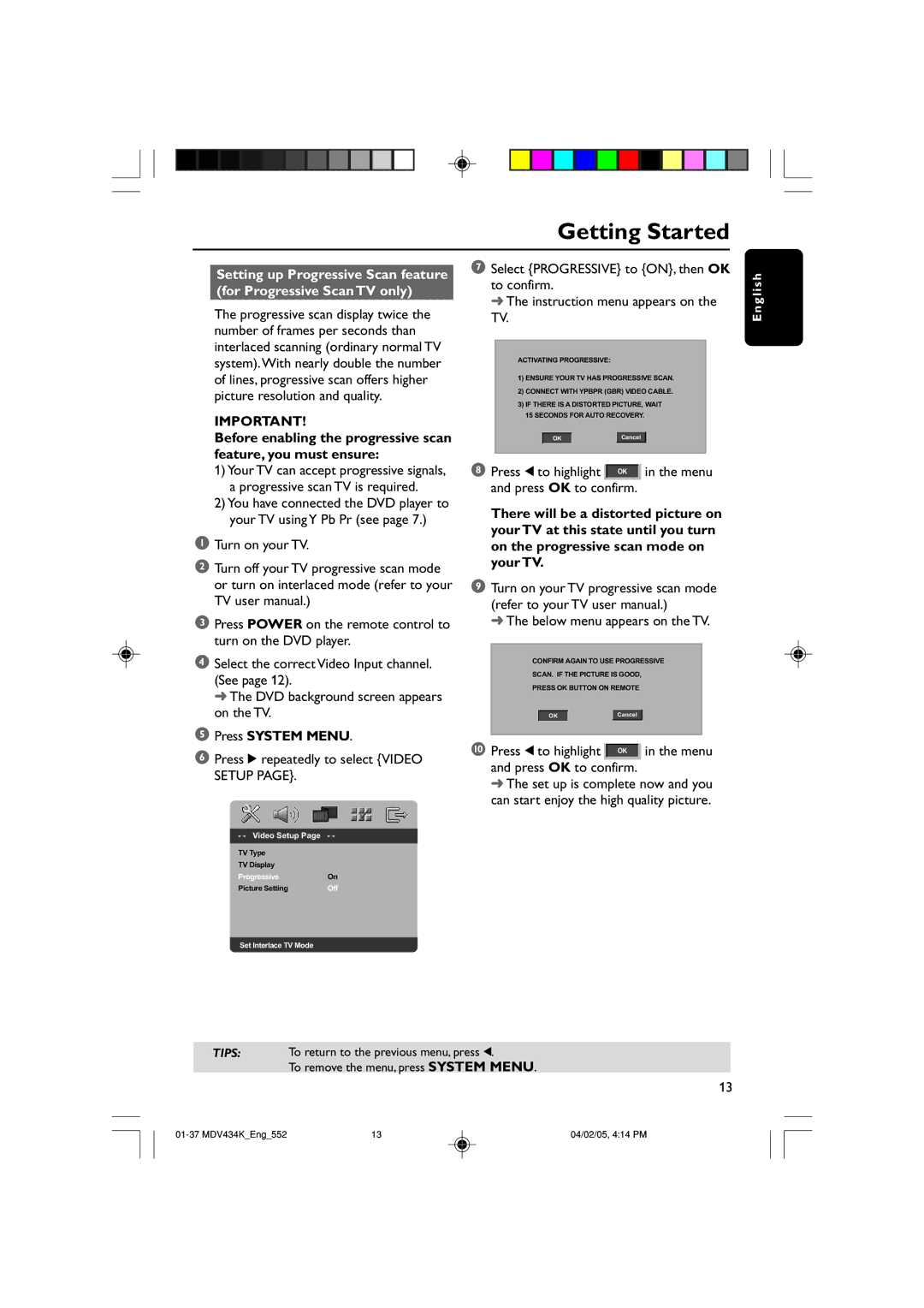 Kodak MDV434K manual Press System Menu, Press 2 repeatedly to select Video Setup, Below menu appears on the TV 