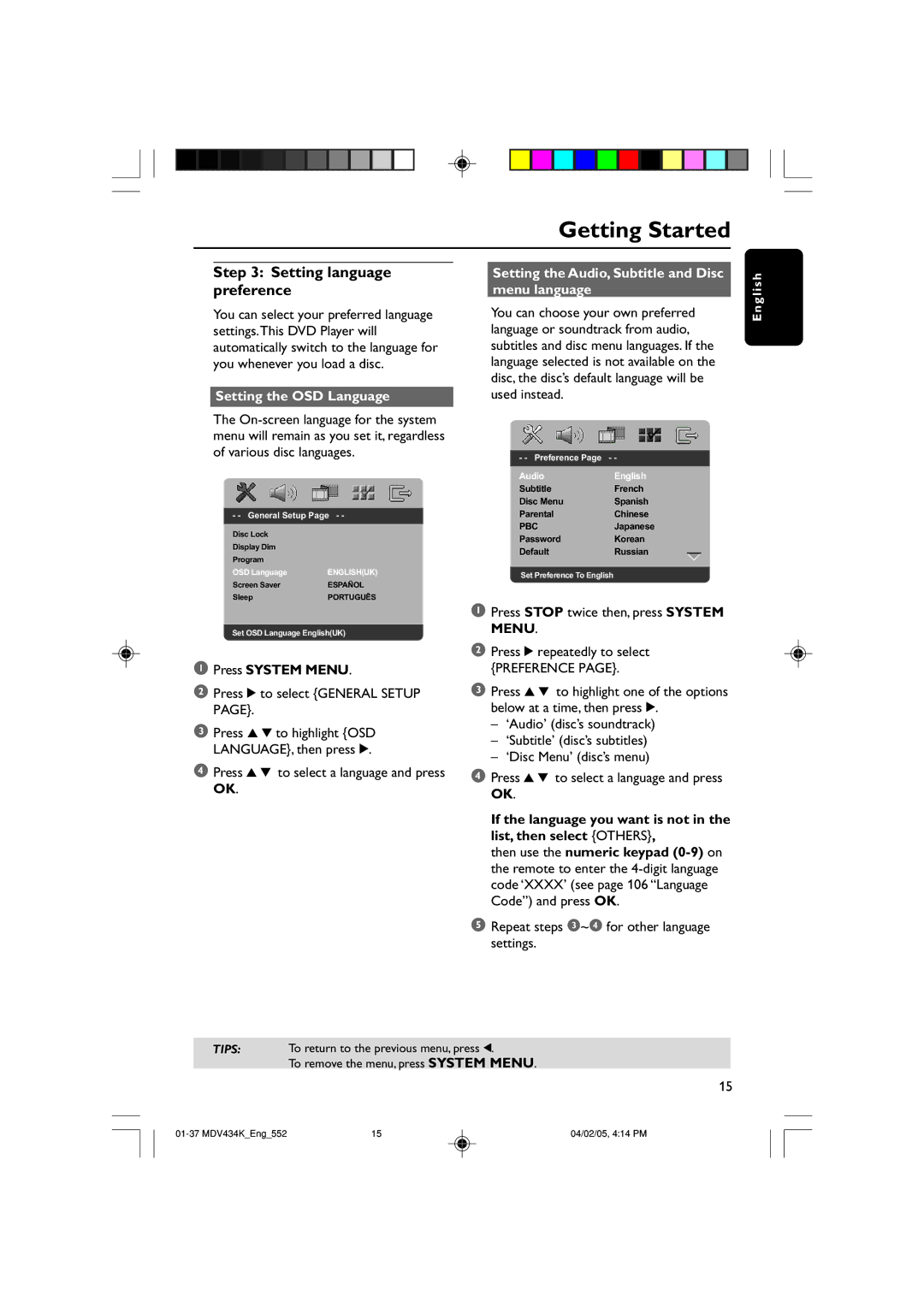 Kodak MDV434K Setting language preference, Setting the OSD Language, Setting the Audio, Subtitle and Disc menu language 