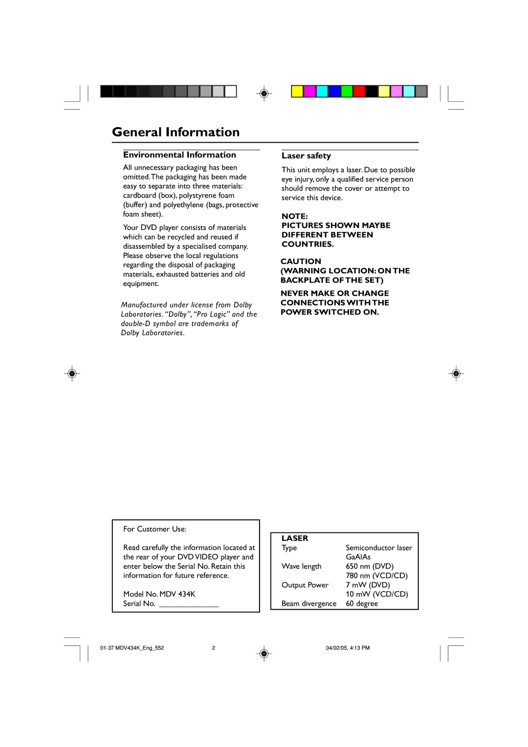 Kodak MDV434K manual General Information, Environmental Information, Laser safety 