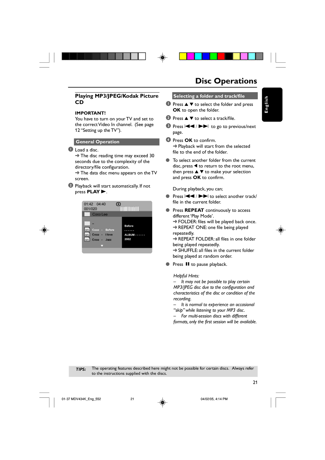 Kodak MDV434K manual Playing MP3/JPEG/Kodak Picture, General Operation, Selecting a folder and track/file 