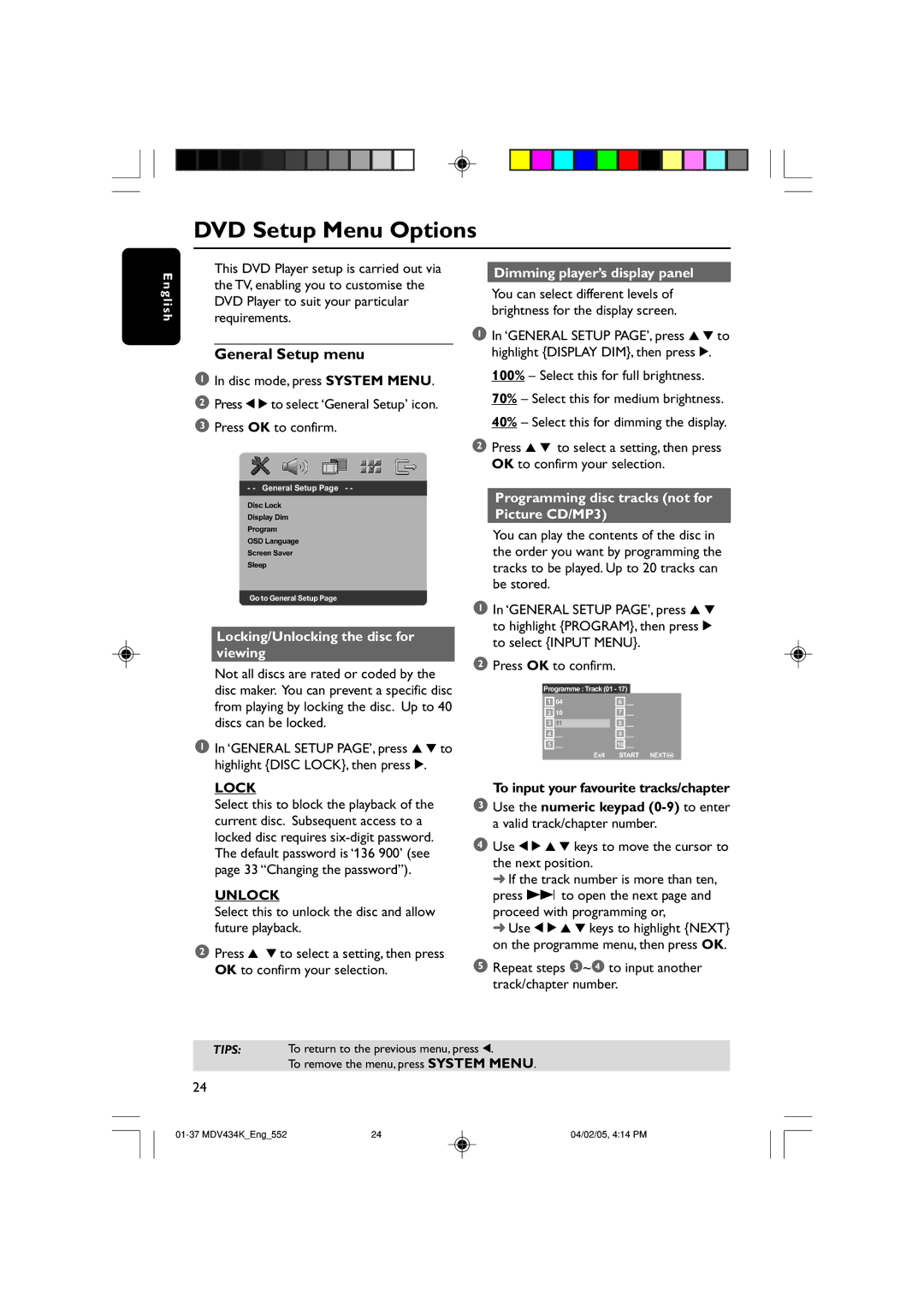 Kodak MDV434K manual DVD Setup Menu Options, General Setup menu, Lock, Unlock 