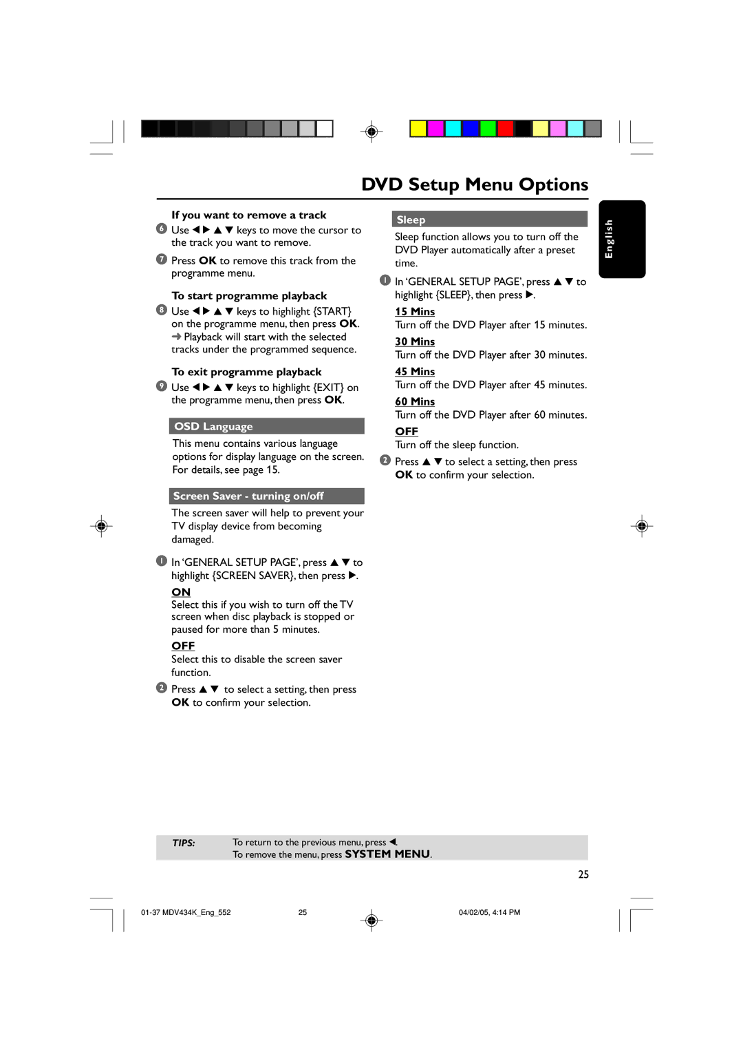 Kodak MDV434K manual Sleep, Mins, Off 