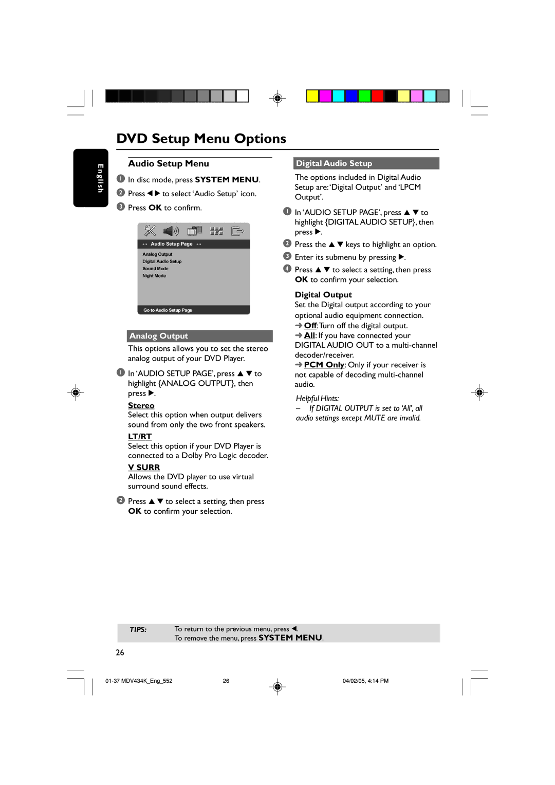 Kodak MDV434K manual Digital Audio Setup, Digital Output 