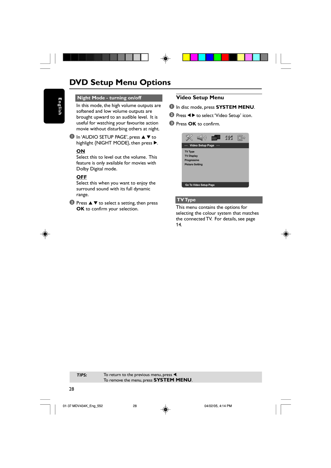 Kodak MDV434K manual Video Setup Menu, Night Mode turning on/off, TV Type 