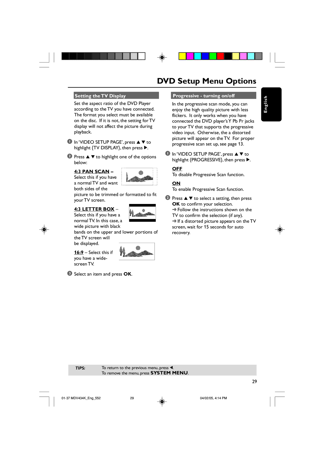 Kodak MDV434K Setting the TV Display Progressive turning on/off, Picture to be trimmed or formatted to fit your TV screen 