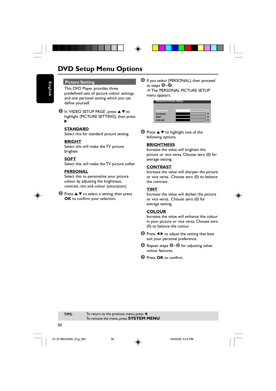 Kodak MDV434K manual Standard, Soft, Personal, Brightness, Contrast, Tint, Colour 