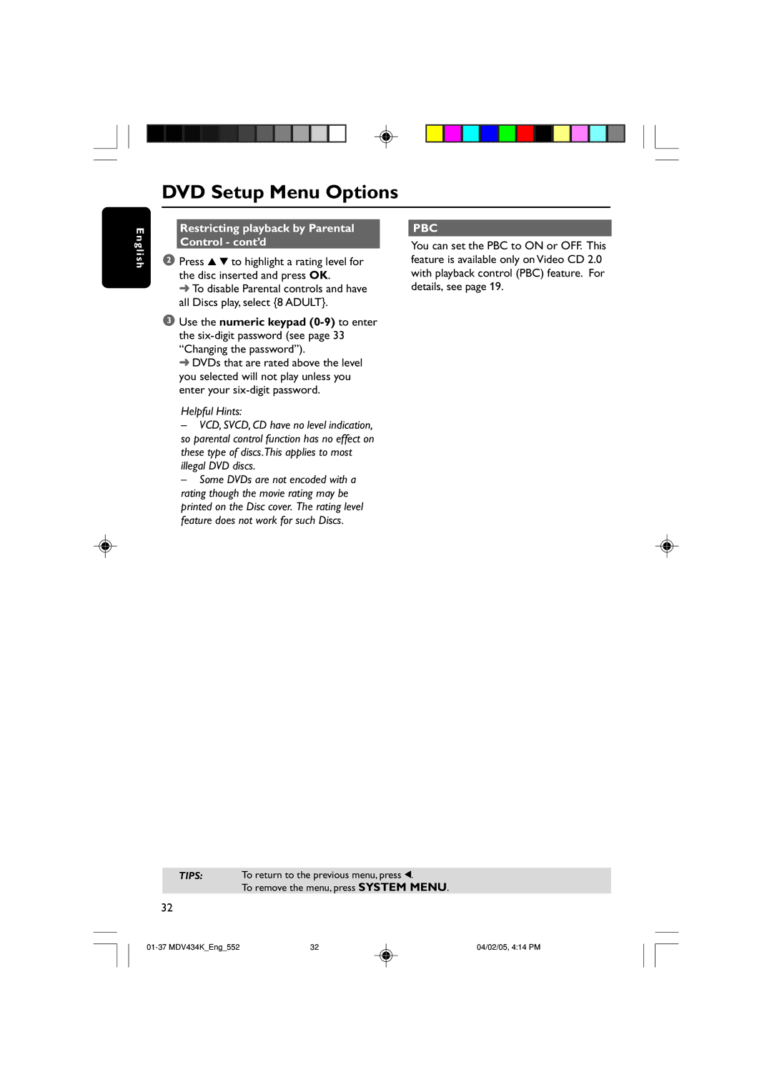 Kodak MDV434K manual Restricting playback by Parental Control cont’d, Pbc 