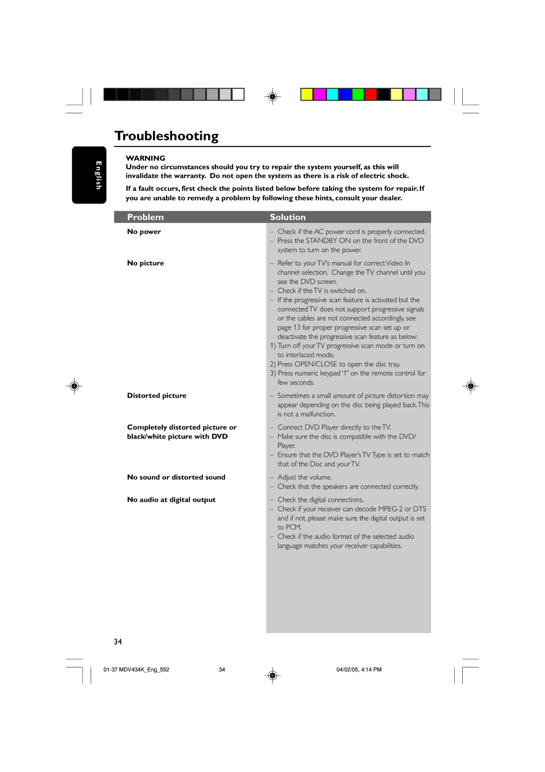 Kodak MDV434K manual Troubleshooting, Problem Solution 