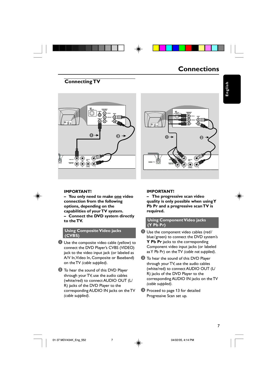 Kodak MDV434K manual Using Composite Video jacks Cvbs, Using Component Video jacks Y Pb Pr 