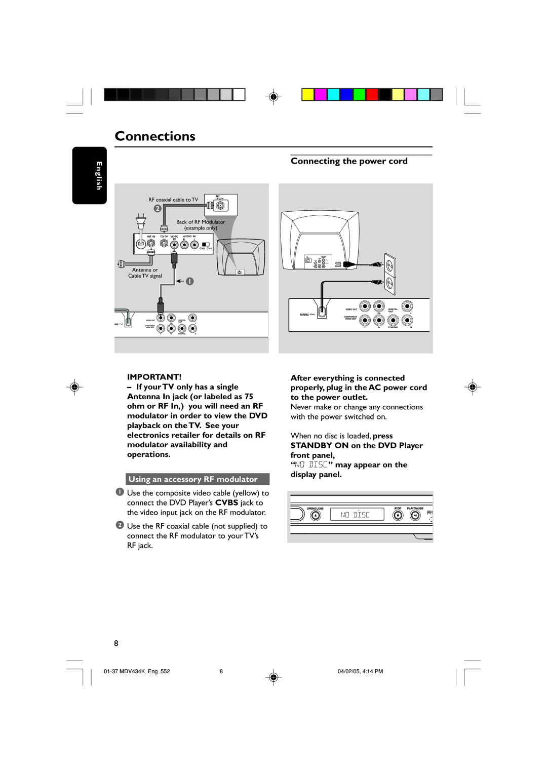 Kodak MDV434K manual Connections, Connecting the power cord, Using an accessory RF modulator, When no disc is loaded, press 