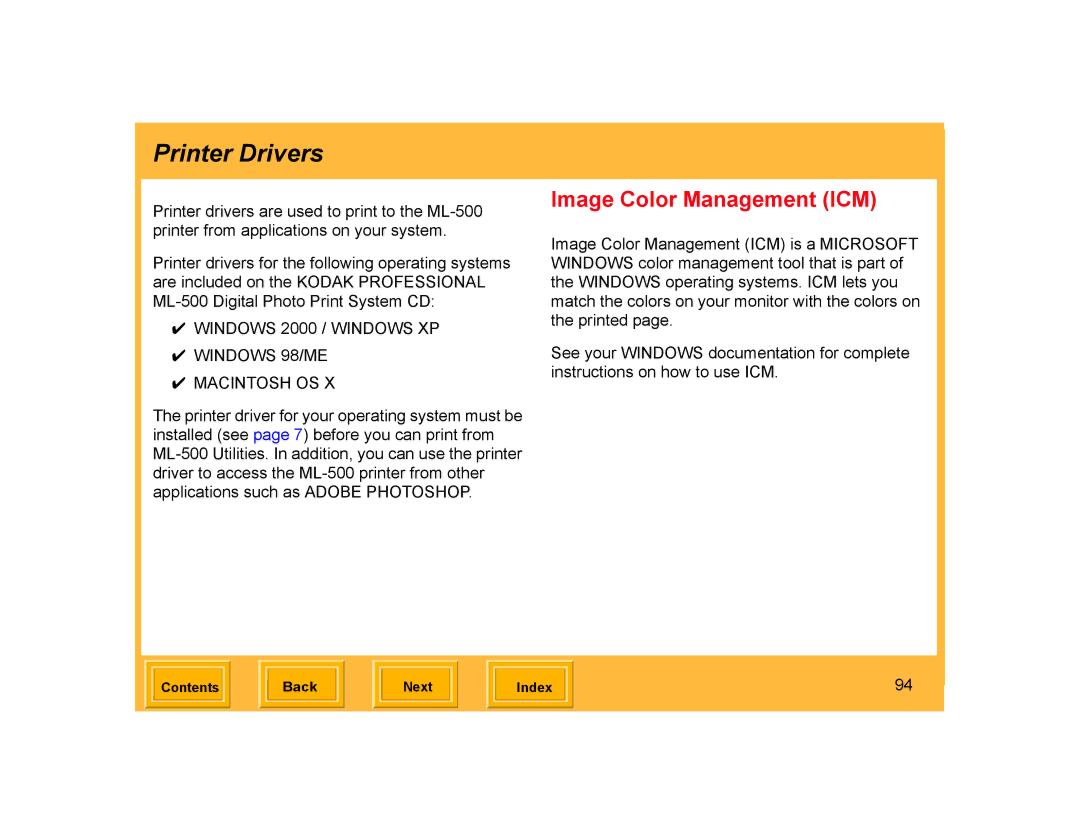 Kodak ML-500 manual Printer Drivers, Image Color Management ICM 