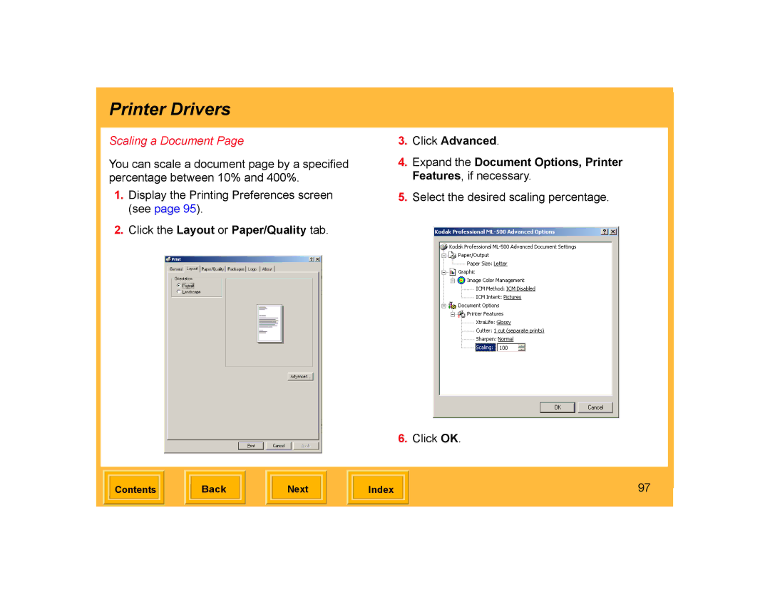 Kodak ML-500 manual Scaling a Document, Click the Layout or Paper/Quality tab Click Advanced 