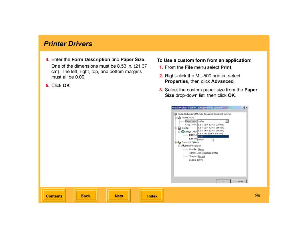 Kodak ML-500 manual Enter the Form Description and Paper Size, To Use a custom form from an application 