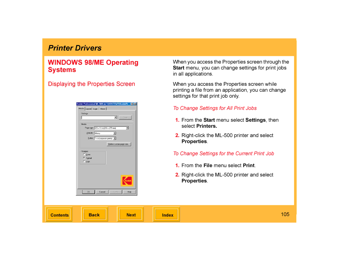 Kodak ML-500 manual Windows 98/ME Operating Systems, Displaying the Properties Screen, 105 