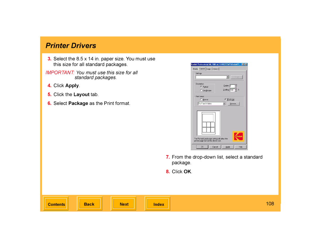 Kodak ML-500 manual Important You must use this size for all standard packages, 108 