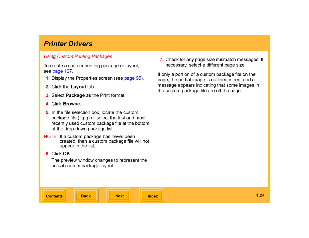 Kodak ML-500 manual Using Custom Printing Packages, 109 