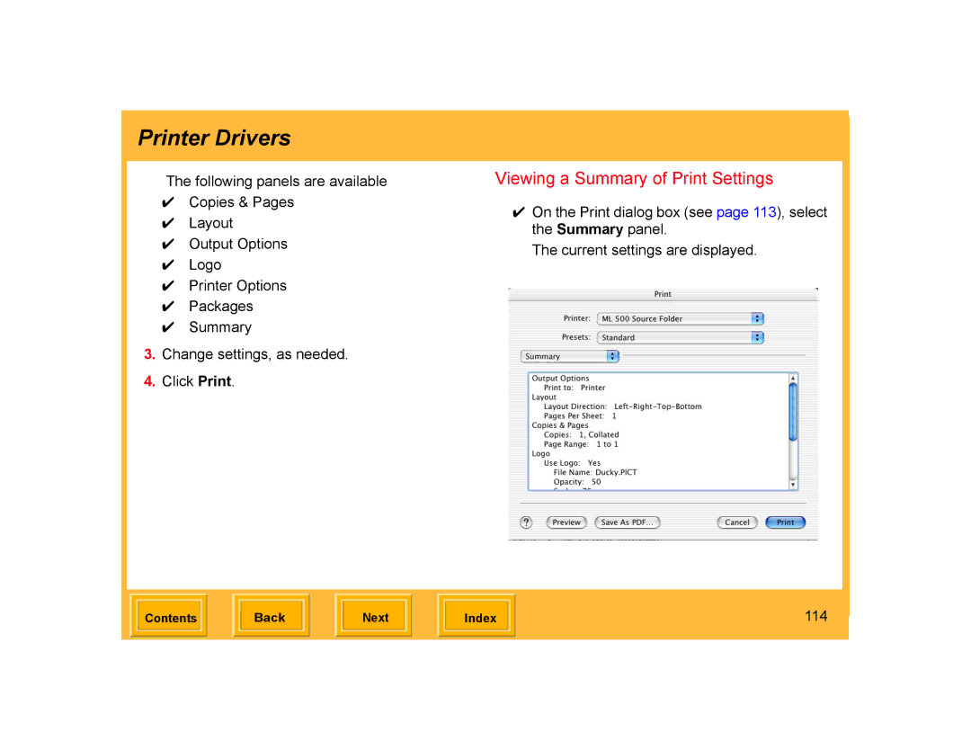 Kodak ML-500 manual Viewing a Summary of Print Settings, 114 