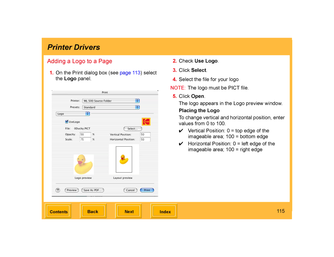 Kodak ML-500 manual Check Use Logo, Placing the Logo, 115 