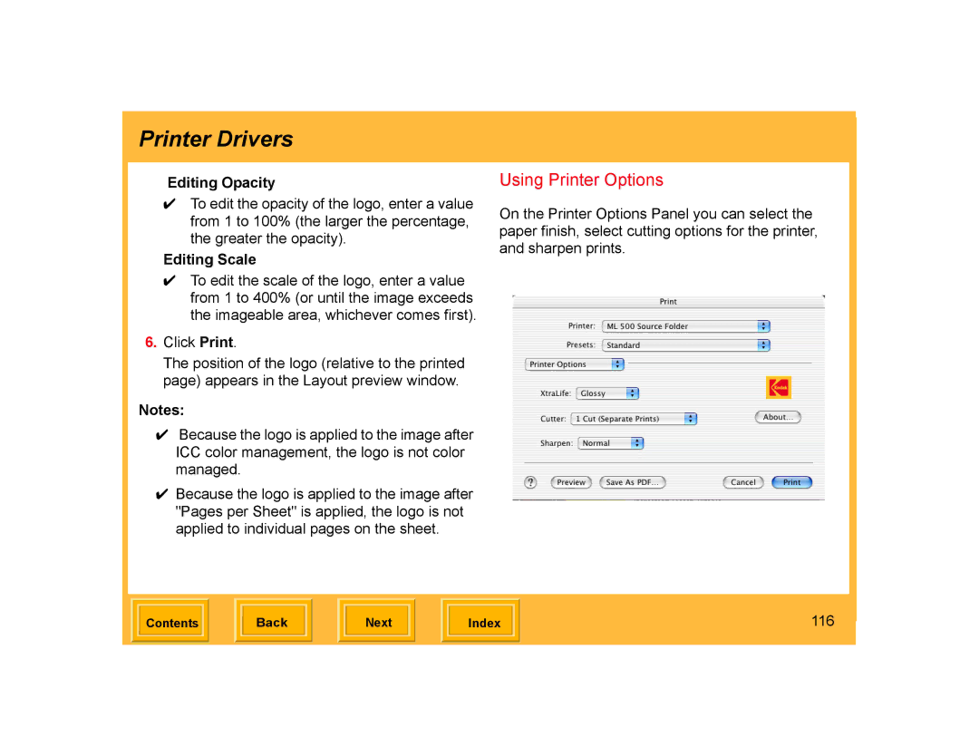 Kodak ML-500 manual Using Printer Options, Editing Opacity, Editing Scale, 116 