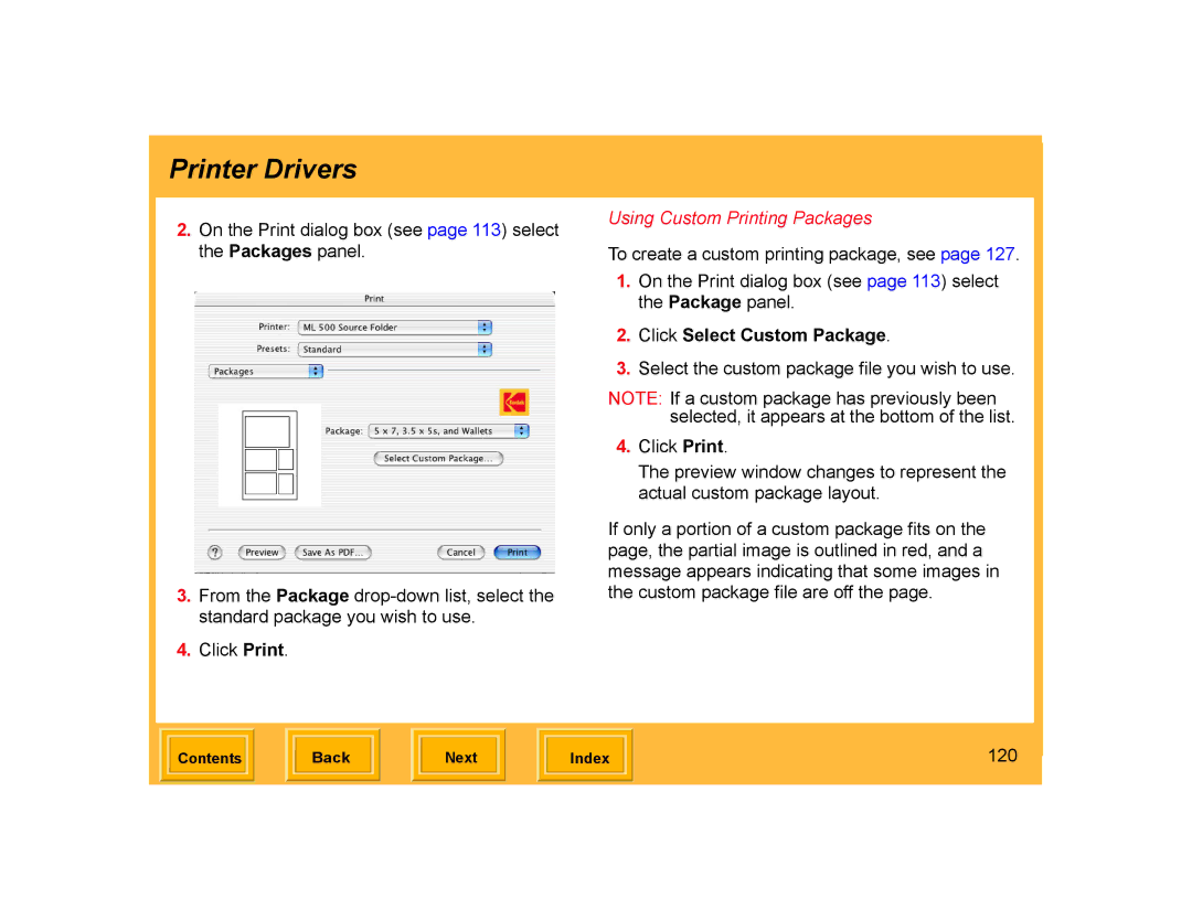 Kodak ML-500 manual Click Select Custom Package, 120 