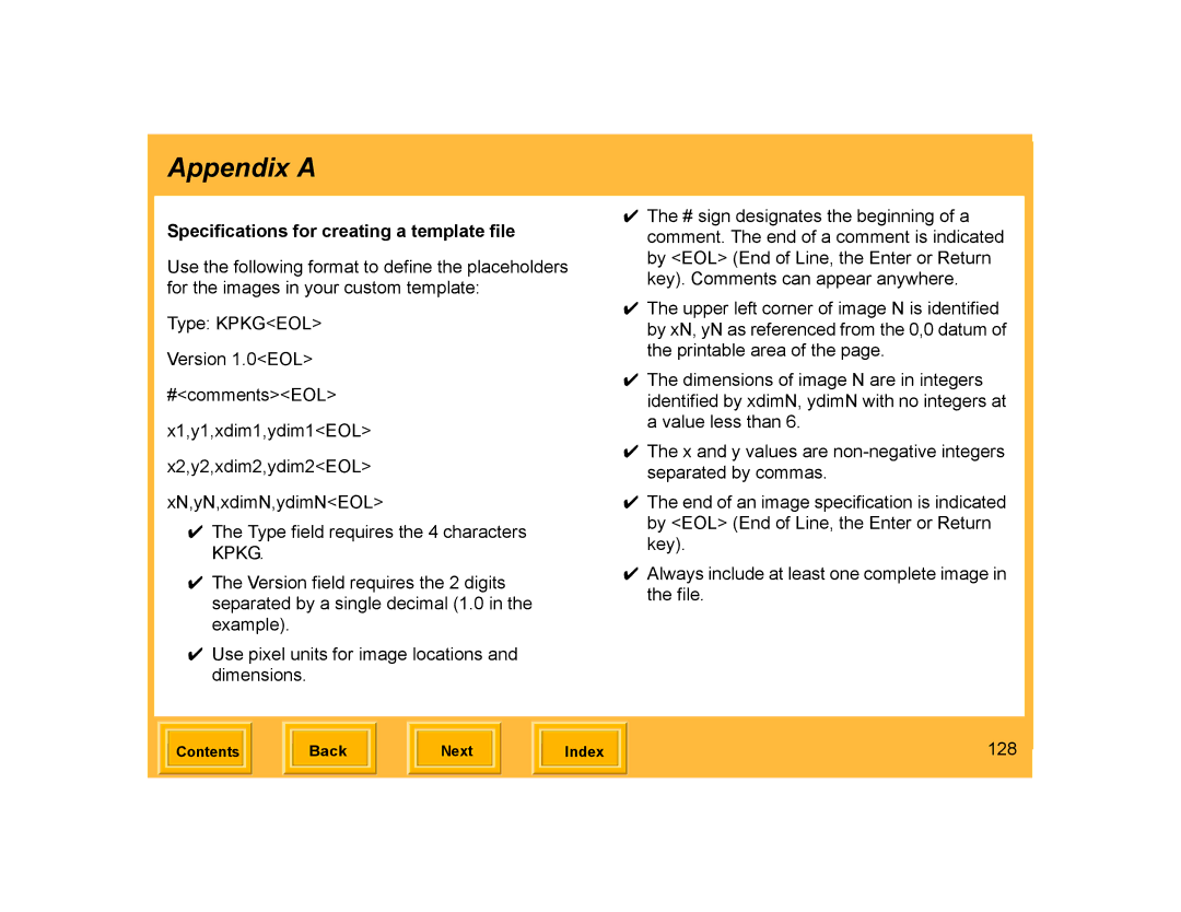 Kodak ML-500 manual Specifications for creating a template file, 128 