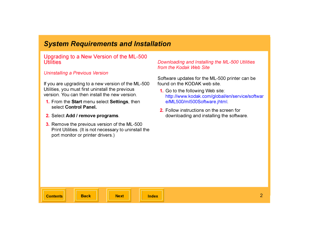 Kodak Upgrading to a New Version of the ML-500 Utilities, Uninstalling a Previous Version, Select Add / remove programs 