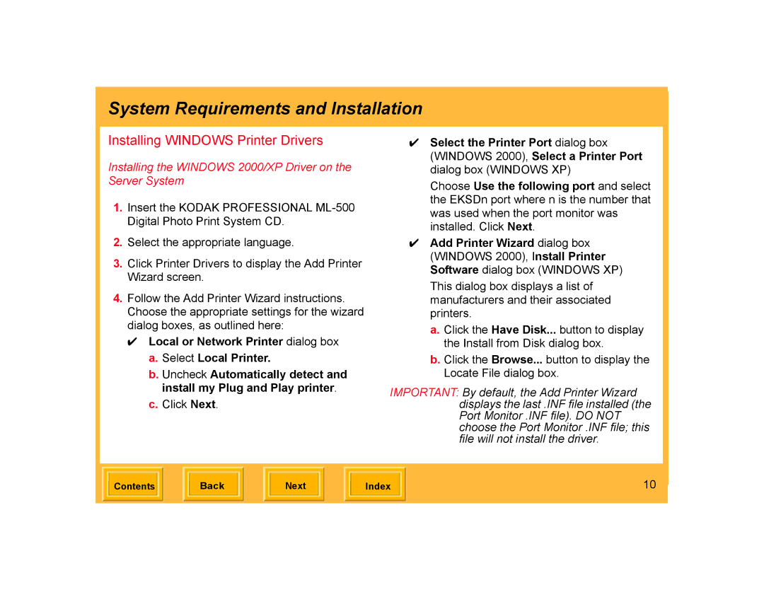 Kodak ML-500 manual Installing Windows Printer Drivers, Installing the Windows 2000/XP Driver on the Server System 