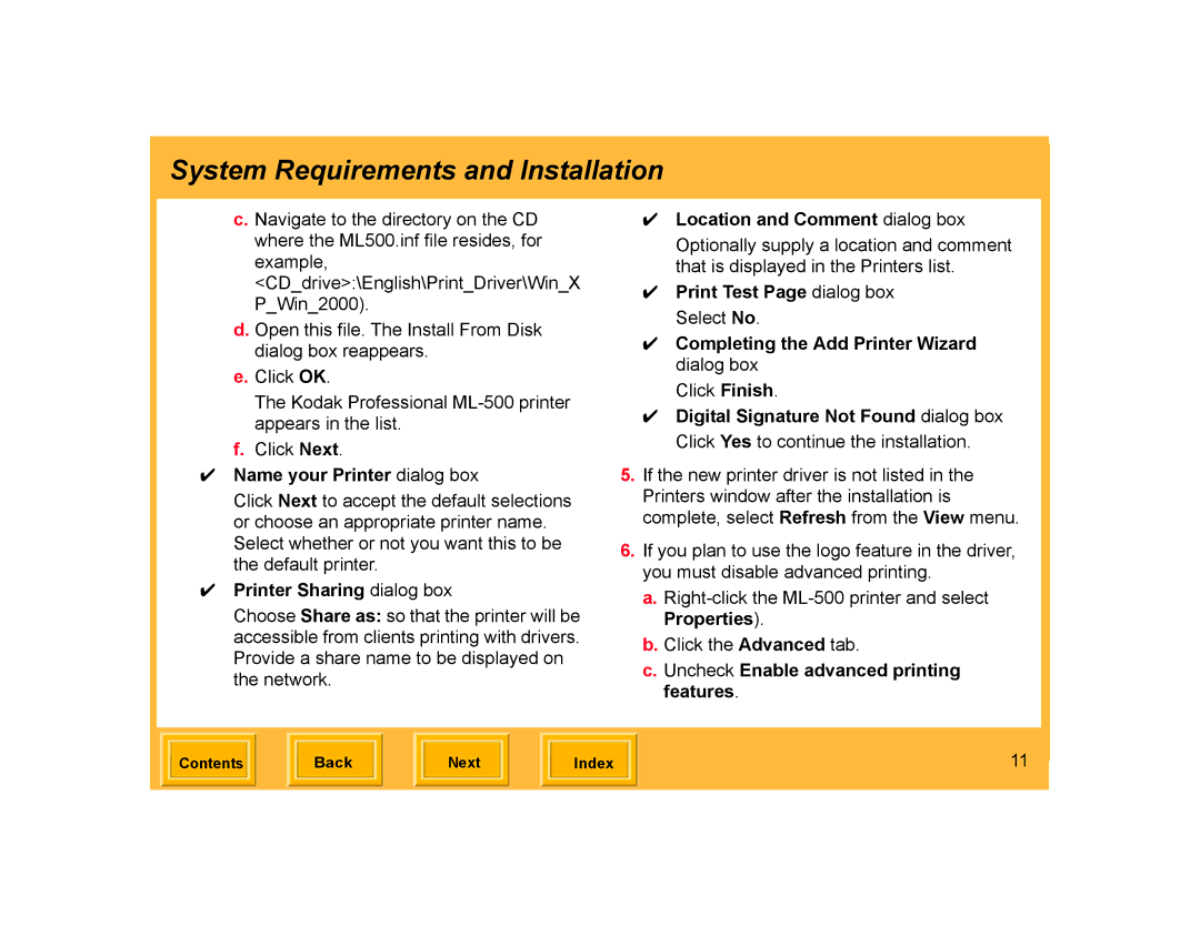 Kodak ML-500 manual Name your Printer dialog box, Printer Sharing dialog box, Location and Comment dialog box 