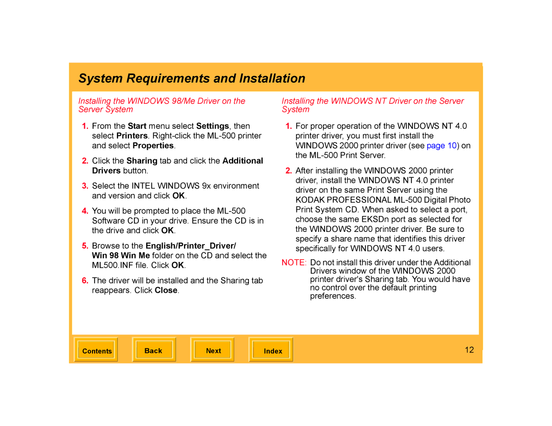 Kodak ML-500 manual Installing the Windows 98/Me Driver on the Server System, Browse to the English/PrinterDriver 