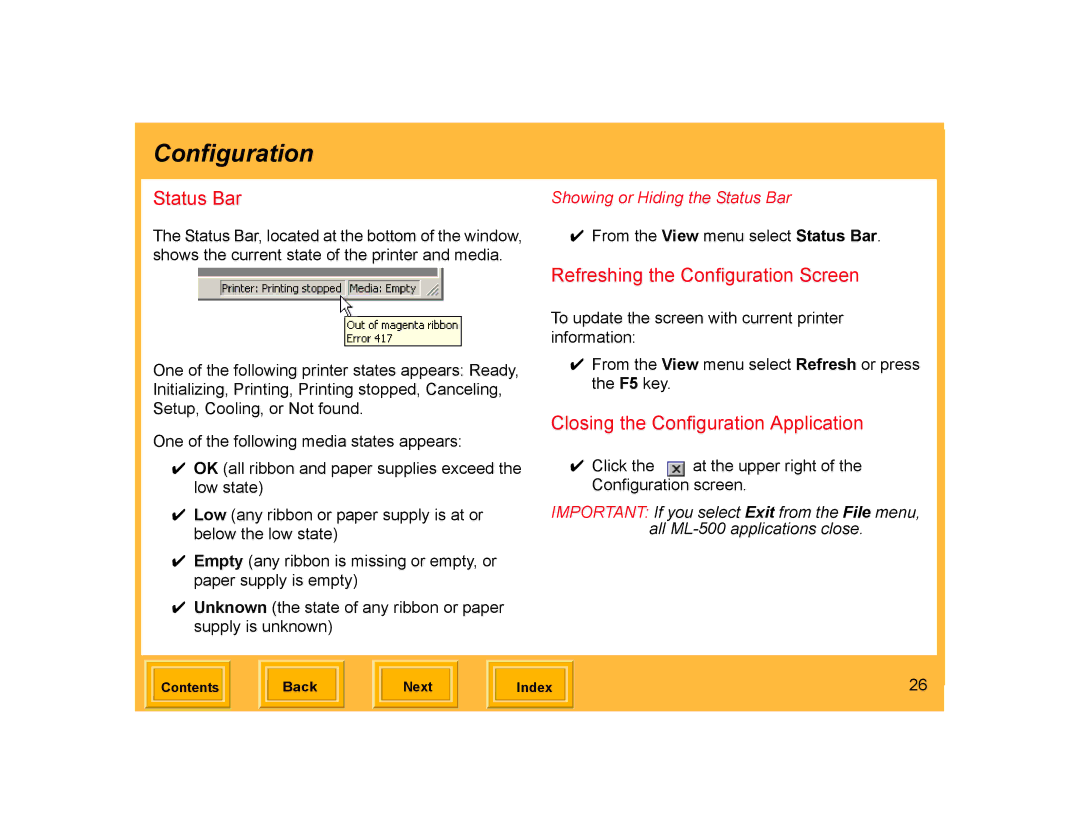 Kodak ML-500 manual Status Bar, Refreshing the Configuration Screen, Closing the Configuration Application 