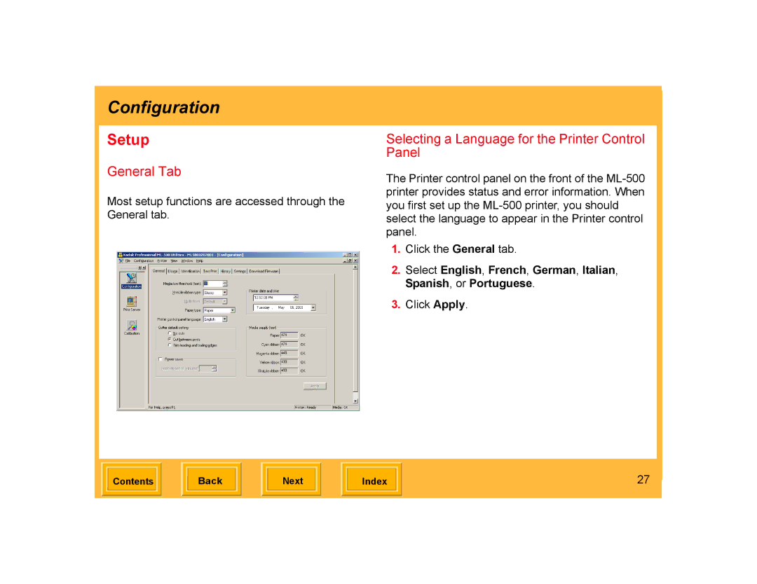 Kodak ML-500 manual Setup, General Tab, Selecting a Language for the Printer Control Panel 